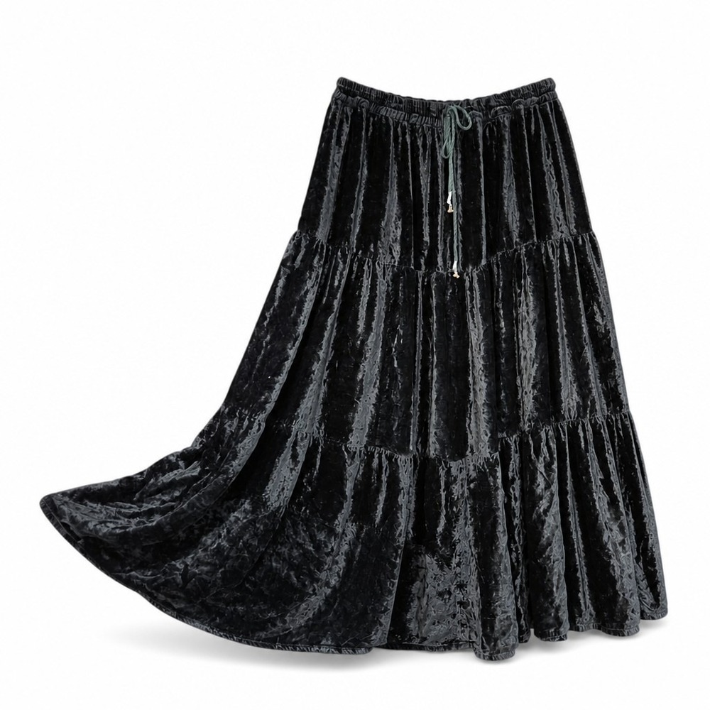 Black Tiered Velvet Maxi Skirt Whimsigoth Fairy Grunge Large XL One Size Rayon